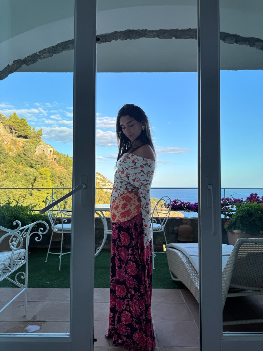 Off-Shoulder Floral Maxi Dress in White and Magenta